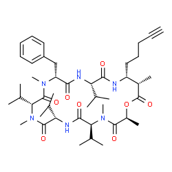ChemSpider 2D Image | (2S,5S,8S,11R,14R,17S,20R,21S)-14-Benzyl-5,8,11,17-tetraisopropyl-2,4,10,13,21-pentamethyl-20-(4-pentyn-1-yl)-1-oxa-4,7,10,13,16,19-hexaazacyclodocosane-3,6,9,12,15,18,22-heptone | C44H68N6O8