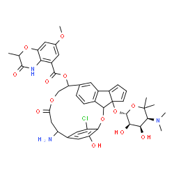 ChemSpider 2D Image | 19-Amino-22-chloro-4-{[(2S,3R,4R,5S)-5-(dimethylamino)-3,4-dihydroxy-6,6-dimethyltetrahydro-2H-pyran-2-yl]oxy}-23-hydroxy-17-oxo-2,16-dioxapentacyclo[18.2.2.1~9,13~.0~3,10~.0~4,8~]pentacosa-1(22),5,7,
9(25),10,12,20,23-octaen-14-yl 7-methoxy-2-methyl-3-oxo-3,4-dihydro-2H-1,4-benzoxazine-5-carboxylate | C43H46ClN3O13