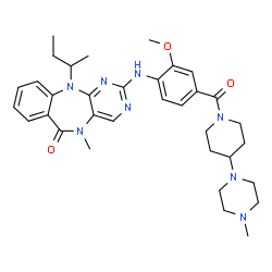 ChemSpider 2D Image | 11-sec-Butyl-2-[(2-methoxy-4-{[4-(4-methyl-1-piperazinyl)-1-piperidinyl]carbonyl}phenyl)amino]-5-methyl-5,11-dihydro-6H-pyrimido[4,5-b][1,4]benzodiazepin-6-one | C34H44N8O3