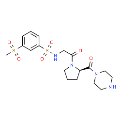 ChemSpider 2D Image | 3-(Methylsulfonyl)-N-{2-oxo-2-[(2R)-2-(1-piperazinylcarbonyl)-1-pyrrolidinyl]ethyl}benzenesulfonamide | C18H26N4O6S2