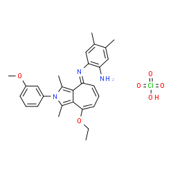 ChemSpider 2D Image | 2-{(E)-[8-Ethoxy-2-(3-methoxyphenyl)-1,3-dimethylcyclohepta[c]pyrrol-4(2H)-ylidene]amino}-4,5-dimethylaniline perchlorate (1:1) | C28H32ClN3O6