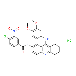 ChemSpider 2D Image | 4-Chloro-N-{9-[(3,4-dimethoxyphenyl)amino]-5,6,7,8-tetrahydro-2-acridinyl}-3-nitrobenzamide hydrochloride (1:1) | C28H26Cl2N4O5