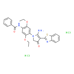 ChemSpider 2D Image | N-{4-[5-Amino-4-(1,3-benzothiazol-2-yl)-3-oxo-2,3-dihydro-1H-pyrrol-1-yl]-2,5-diethoxyphenyl}benzamide dihydrochloride | C28H28Cl2N4O4S