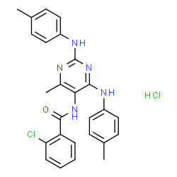 ChemSpider 2D Image | 2-Chloro-N-{4-methyl-2,6-bis[(4-methylphenyl)amino]-5-pyrimidinyl}benzamide hydrochloride (1:1) | C26H25Cl2N5O