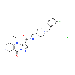 ChemSpider 2D Image | N-{[1-(3-Chlorobenzyl)-4-piperidinyl]methyl}-4-ethyl-9-oxo-4,5,6,7,8,9-hexahydropyrazolo[1,5-a]pyrido[4,3-d]pyrimidine-3-carboxamide hydrochloride (1:1) | C25H32Cl2N6O2