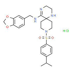 ChemSpider 2D Image | N-(1,3-Benzodioxol-5-ylmethyl)-9-[(4-isopropylphenyl)sulfonyl]-1,4,9-triazaspiro[5.5]undec-4-en-5-amine hydrochloride (1:1) | C25H33ClN4O4S