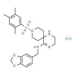 ChemSpider 2D Image | N-(1,3-Benzodioxol-5-ylmethyl)-9-[(2,4,5-trimethylphenyl)sulfonyl]-1,4,9-triazaspiro[5.5]undec-4-en-5-amine hydrochloride (1:1) | C25H33ClN4O4S