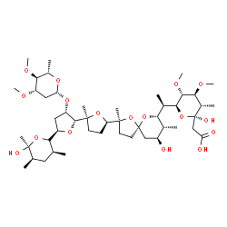 ChemSpider 2D Image | [(2R,3S,4S,5R,6S)-6-{(1R)-1-[(2S,5R,7S,8R,9S)-2-{(2S,2'R,3'S,5R,5'R)-3'-{[(2R,4S,5S,6S)-4,5-Dimethoxy-6-methyltetrahydro-2H-pyran-2-yl]oxy}-5'-[(2S,3S,5R,6S)-6-hydroxy-3,5,6-trimethyltetrahydro-2H-pyr
an-2-yl]-2-methyloctahydro-2,2'-bifuran-5-yl}-9-hydroxy-2,8-dimethyl-1,6-dioxaspiro[4.5]dec-7-yl]ethyl}-2-hydroxy-4,5-dimethoxy-3-methyltetrahydro-2H-pyran-2-yl]acetic acid (non-preferred name) | C47H80O17