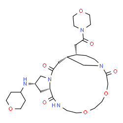 ChemSpider 2D Image | (1R,6S,8S,22S)-22-[2-(4-Morpholinyl)-2-oxoethyl]-6-(tetrahydro-2H-pyran-4-ylamino)-13,16-dioxa-4,10,19-triazatricyclo[17.3.1.0~4,8~]tricosane-3,9,18-trione | C29H47N5O8