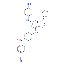 ChemSpider 2D Image | 4-{[4-({2-[(4-Aminocyclohexyl)amino]-9-cyclopentyl-9H-purin-6-yl}amino)-1-piperidinyl]carbonyl}benzonitrile | C29H37N9O