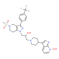 ChemSpider 2D Image | 3-[1-(2-Hydroxy-3-{5-(methylsulfonyl)-3-[4-(trifluoromethyl)phenyl]-4,5,6,7-tetrahydro-1H-pyrazolo[4,3-c]pyridin-1-yl}propyl)-4-piperidinyl]-7H-pyrrolo[2,3-b]pyridin-7-ol | C29H33F3N6O4S