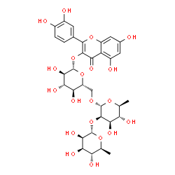 ChemSpider 2D Image | 2-(3,4-Dihydroxyphenyl)-5,7-dihydroxy-4-oxo-4H-chromen-3-yl 6-deoxy-alpha-L-mannopyranosyl-(1->2)-6-deoxy-alpha-L-mannopyranosyl-(1->6)-beta-D-glucopyranoside | C33H40O20