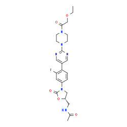 ChemSpider 2D Image | N-{[(5S)-3-(4-{2-[4-(Ethoxyacetyl)-1-piperazinyl]-5-pyrimidinyl}-3-fluorophenyl)-2-oxo-1,3-oxazolidin-5-yl]methyl}acetamide | C24H29FN6O5