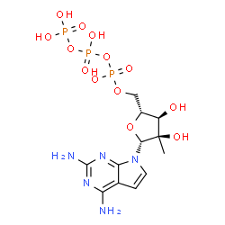 ChemSpider 2D Image | 7-[5-O-(Hydroxy{[hydroxy(phosphonooxy)phosphoryl]oxy}phosphoryl)-2-C-methyl-beta-D-ribofuranosyl]-7H-pyrrolo[2,3-d]pyrimidine-2,4-diamine | C12H20N5O13P3