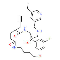 ChemSpider 2D Image | 14-(2-{[(5-Ethyl-3-pyridinyl)methyl]amino}-1-hydroxyethyl)-18-fluoro-11-(2-propyn-1-yl)-2-oxa-7,13-diazabicyclo[14.3.1]icosa-1(20),16,18-triene-8,12-dione | C30H39FN4O4