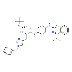 ChemSpider 2D Image | 2-Methyl-2-propanyl {3-(1-benzyl-1H-imidazol-4-yl)-1-[(4-{[4-(dimethylamino)-2-quinazolinyl]amino}cyclohexyl)amino]-1-oxo-2-propanyl}carbamate | C34H44N8O3