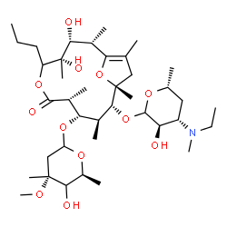 ChemSpider 2D Image | (2S,3R,4S,8R,9S,10S,11R,12R)-11-({(3R,4S,6R)-4-[Ethyl(methyl)amino]-3-hydroxy-6-methyltetrahydro-2H-pyran-2-yl}oxy)-3,4-dihydroxy-9-{[(4R,6S)-5-hydroxy-4-methoxy-4,6-dimethyltetrahydro-2H-pyran-2-yl]o
xy}-2,4,8,10,12,14-hexamethyl-5-propyl-6,15-dioxabicyclo[10.2.1]pentadec-1(14)-en-7-one | C39H69NO12
