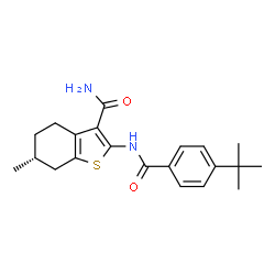 ChemSpider 2D Image | (6R)-6-Methyl-2-{[4-(2-methyl-2-propanyl)benzoyl]amino}-4,5,6,7-tetrahydro-1-benzothiophene-3-carboxamide | C21H26N2O2S