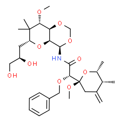 ChemSpider 2D Image | (2S)-2-(Benzyloxy)-N-{(4R,4aS,6R,8S,8aR)-6-[(2R)-2,3-dihydroxypropyl]-8-methoxy-7,7-dimethylhexahydropyrano[3,2-d][1,3]dioxin-4-yl}-2-[(2R,5R,6R)-2-methoxy-5,6-dimethyl-4-methylenetetrahydro-2H-pyran-
2-yl]acetamide | C31H47NO10