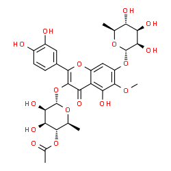 ChemSpider 2D Image | 7-[(6-Deoxy-alpha-L-mannopyranosyl)oxy]-2-(3,4-dihydroxyphenyl)-5-hydroxy-6-methoxy-4-oxo-4H-chromen-3-yl 4-O-acetyl-6-deoxy-alpha-L-mannopyranoside | C30H34O17