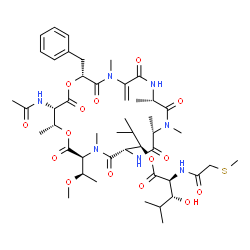ChemSpider 2D Image | [(1R)-1-[(3S,6S,9S,12S,18R,21S,22R)-21-acetamido-18-benzyl-3-[(1R)-1-methoxyethyl]-4,9,10,12,16,22-hexamethyl-15-methylene-2,5,8,11,14,17,20-heptaoxo-1,19-dioxa-4,7,10,13,16-pentazacyclodocos-6-yl]-2-methyl-propyl] (2S,3R)-3-hydroxy-4-methyl-2-[(2-methylsulfanylacetyl)amino]pentanoate | C47H71N7O15S