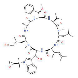 ChemSpider 2D Image | (3S,6S,9S,12S,15S,18R,21S)-6-[(1S)-1,3-dimethylbut-2-enyl]-3-[(R)-hydroxy-[1-[1-methyl-1-[(2R)-oxiran-2-yl]ethyl]indol-3-yl]methyl]-21-[(2R)-3-hydroxy-2-methyl-propyl]-9-isobutyl-12-isopropyl-15-[(R)-methoxy-phenyl-methyl]-1,10,18-trimethyl-1,4,7,10,13,16,19-heptazacyclohenicosane-2,5,8,11,14,17,20-heptone | C56H82N8O11