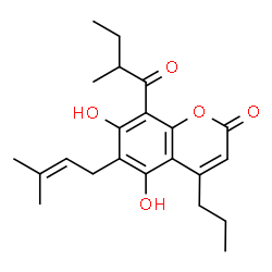 ChemSpider 2D Image | 5,7-Dihydroxy-8-(2-methylbutanoyl)-6-(3-methyl-2-buten-1-yl)-4-propyl-2H-chromen-2-one | C22H28O5