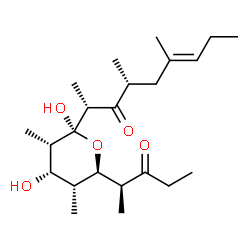 ChemSpider 2D Image | (5R)-2,4-Dideoxy-1-C-[(2R,4R,6E)-4,6-dimethyl-3-oxo-6-nonen-2-yl]-2,4-dimethyl-5-[(2S)-3-oxo-2-pentanyl]-alpha-L-ribopyranose | C23H40O5
