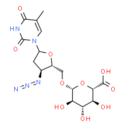ChemSpider 2D Image | 2,4(1H,3H)-Pyrimidinedione, 1-(3-azido-2,3-dideoxy-5-O-beta-D-glucopyranuronosyl-D-erythro-pentofuranosyl)-5-methyl- | C16H21N5O10
