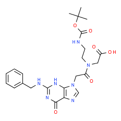 ChemSpider 2D Image | N-{[2-(Benzylamino)-6-oxo-3,6-dihydro-9H-purin-9-yl]acetyl}-N-[2-({[(2-methyl-2-propanyl)oxy]carbonyl}amino)ethyl]glycine | C23H29N7O6