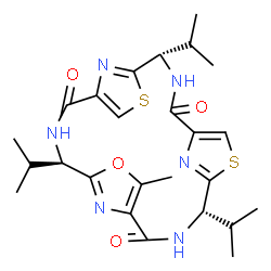 ChemSpider 2D Image | (4S,11S,18S)-4,11,18-Triisopropyl-7-methyl-6-oxa-13,20-dithia-3,10,17,22,23,24-hexaazatetracyclo[17.2.1.1~5,8~.1~12,15~]tetracosa-1(21),5(24),7,12(23),14,19(22)-hexaene-2,9,16-trione | C25H32N6O4S2
