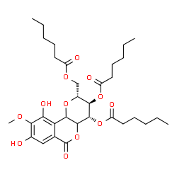 ChemSpider 2D Image | (2R,3R,4R)-2-[(Hexanoyloxy)methyl]-8,10-dihydroxy-9-methoxy-6-oxo-2,3,4,4a,6,10b-hexahydropyrano[3,2-c]isochromene-3,4-diyl dihexanoate | C32H46O12