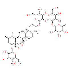 ChemSpider 2D Image | [(2S,3R,4S,5S,6R)-3,4,5-trihydroxy-6-(hydroxymethyl)tetrahydropyran-2-yl] (1S,2R,4aS,6aR,6aR,6bR,8aR,10S,12aR,14bS)-10-[(2R,3R,4S,5S,6R)-3-[(2S,3R,4S,5S,6R)-4,5-dihydroxy-6-(hydroxymethyl)-3-[(2S,3R,4R,5R,6S)-3,4,5-trihydroxy-6-methyl-tetrahydropyran-2-yl]oxy-tetrahydropyran-2-yl]oxy-4,5-dihydroxy-6-(hydroxymethyl)tetrahydropyran-2-yl]oxy-6a-formyl-1,2,6b,9,9,12a-hexamethyl-2,3,4,5,6,6a,7,8,8a,10,11,12,13,14b-tetradecahydro-1H-picene-4a-carboxylate | C54H86O23