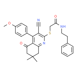 ChemSpider 2D Image | 2-{[3-Cyano-4-(4-methoxyphenyl)-7,7-dimethyl-5-oxo-5,6,7,8-tetrahydro-2-quinolinyl]sulfanyl}-N-(2-phenylethyl)acetamide | C29H29N3O3S