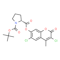 ChemSpider 2D Image | 2-(3,6-Dichloro-4-methyl-2-oxo-2H-chromen-7-yl) 1-(2-methyl-2-propanyl) (2R)-1,2-pyrrolidinedicarboxylate | C20H21Cl2NO6