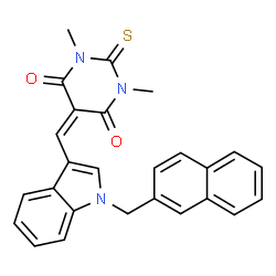 ChemSpider 2D Image | 1,3-Dimethyl-5-{[1-(2-naphthylmethyl)-1H-indol-3-yl]methylene}-2-thioxodihydro-4,6(1H,5H)-pyrimidinedione | C26H21N3O2S