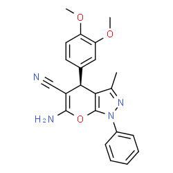 ChemSpider 2D Image | (4S)-6-Amino-4-(3,4-dimethoxyphenyl)-3-methyl-1-phenyl-1,4-dihydropyrano[2,3-c]pyrazole-5-carbonitrile | C22H20N4O3