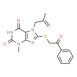 ChemSpider 2D Image | 3-Methyl-7-(2-methyl-2-propen-1-yl)-8-[(2-oxo-2-phenylethyl)sulfanyl]-3,7-dihydro-1H-purine-2,6-dione | C18H18N4O3S