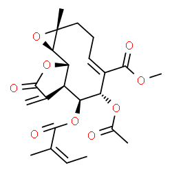 ChemSpider 2D Image | Methyl (1aR,4Z,6S,7S,7aR,10aS,10bR)-6-acetoxy-1a-methyl-7-{[(2Z)-2-methyl-2-butenoyl]oxy}-8-methylene-9-oxo-1a,2,3,6,7,7a,8,9,10a,10b-decahydrooxireno[9,10]cyclodeca[1,2-b]furan-5-carboxylate | C23H28O9