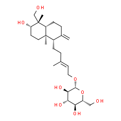 ChemSpider 2D Image | (2E)-5-[(1S,4aR,5S,6S,8aR)-6-Hydroxy-5-(hydroxymethyl)-5,8a-dimethyl-2-methylenedecahydro-1-naphthalenyl]-3-methyl-2-penten-1-yl beta-D-glucopyranoside | C26H44O8
