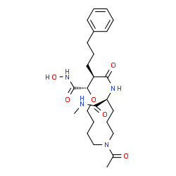 ChemSpider 2D Image | (2S,3R,6S)-10-Acetyl-N~2~-hydroxy-N~6~-methyl-4-oxo-3-(3-phenylpropyl)-1-oxa-5,10-diazacyclotetradecane-2,6-dicarboxamide | C25H38N4O6