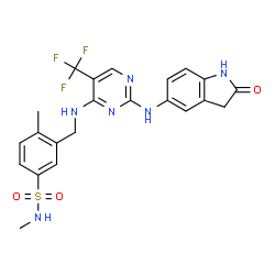 ChemSpider 2D Image | N,4-Dimethyl-3-[({2-[(2-oxo-2,3-dihydro-1H-indol-5-yl)amino]-5-(trifluoromethyl)-4-pyrimidinyl}amino)methyl]benzenesulfonamide | C22H21F3N6O3S