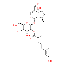 ChemSpider 2D Image | (1S,4aR,7R)-4-Formyl-4a-hydroxy-7-methyl-1,4a,5,6,7,7a-hexahydrocyclopenta[c]pyran-1-yl 2-O-[(2E,6E)-8-hydroxy-2,6-dimethyl-2,6-octadienoyl]-beta-D-glucopyranoside | C26H38O11