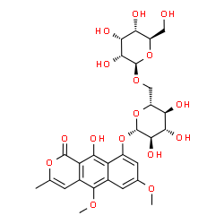 ChemSpider 2D Image | 10-Hydroxy-5,7-dimethoxy-3-methyl-1-oxo-1H-benzo[g]isochromen-9-yl 6-O-beta-D-allopyranosyl-beta-D-glucopyranoside | C28H34O16