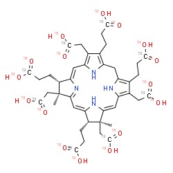 ChemSpider 2D Image | 3,3',3'',3'''-{(7S,8S,12S,13S)-3,8,13,17-Tetrakis[(~13~C,~18~O_2_)carboxymethyl]-8,13-dimethyl-7,8,12,13,20,24-hexahydroporphyrin-2,7,12,18-tetrayl}tetra(1-~13~C)propan(~18~O_2_)oic acid | C3413C8H48N418O16