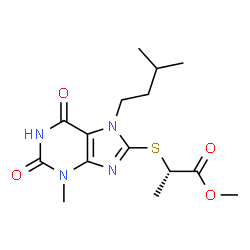 ChemSpider 2D Image | Methyl (2S)-2-{[3-methyl-7-(3-methylbutyl)-2,6-dioxo-2,3,6,7-tetrahydro-1H-purin-8-yl]sulfanyl}propanoate | C15H22N4O4S