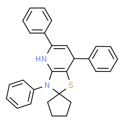 ChemSpider 2D Image | 3',5',7'-Triphenyl-4',7'-dihydro-3'H-spiro[cyclopentane-1,2'-[1,3]thiazolo[4,5-b]pyridine] | C28H26N2S