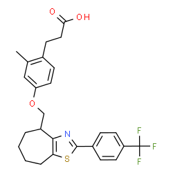ChemSpider 2D Image | 3-[2-Methyl-4-({2-[4-(trifluoromethyl)phenyl]-5,6,7,8-tetrahydro-4H-cyclohepta[d][1,3]thiazol-4-yl}methoxy)phenyl]propanoic acid | C26H26F3NO3S