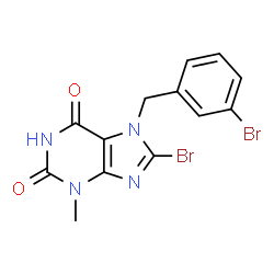 ChemSpider 2D Image | 8-Bromo-7-(3-bromobenzyl)-3-methyl-3,7-dihydro-1H-purine-2,6-dione | C13H10Br2N4O2