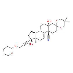 ChemSpider 2D Image | (5R,8S,10R,13R,14S,17S)-5,17-Dihydroxy-5',5',13-trimethyl-17-[3-(tetrahydro-2H-pyran-2-yloxy)-1-propyn-1-yl]-1,2,5,6,7,8,12,13,14,15,16,17-dodecahydrospiro[cyclopenta[a]phenanthrene-3,2'-[1,3]dioxane]
-10(4H)-carbonitrile | C32H45NO6